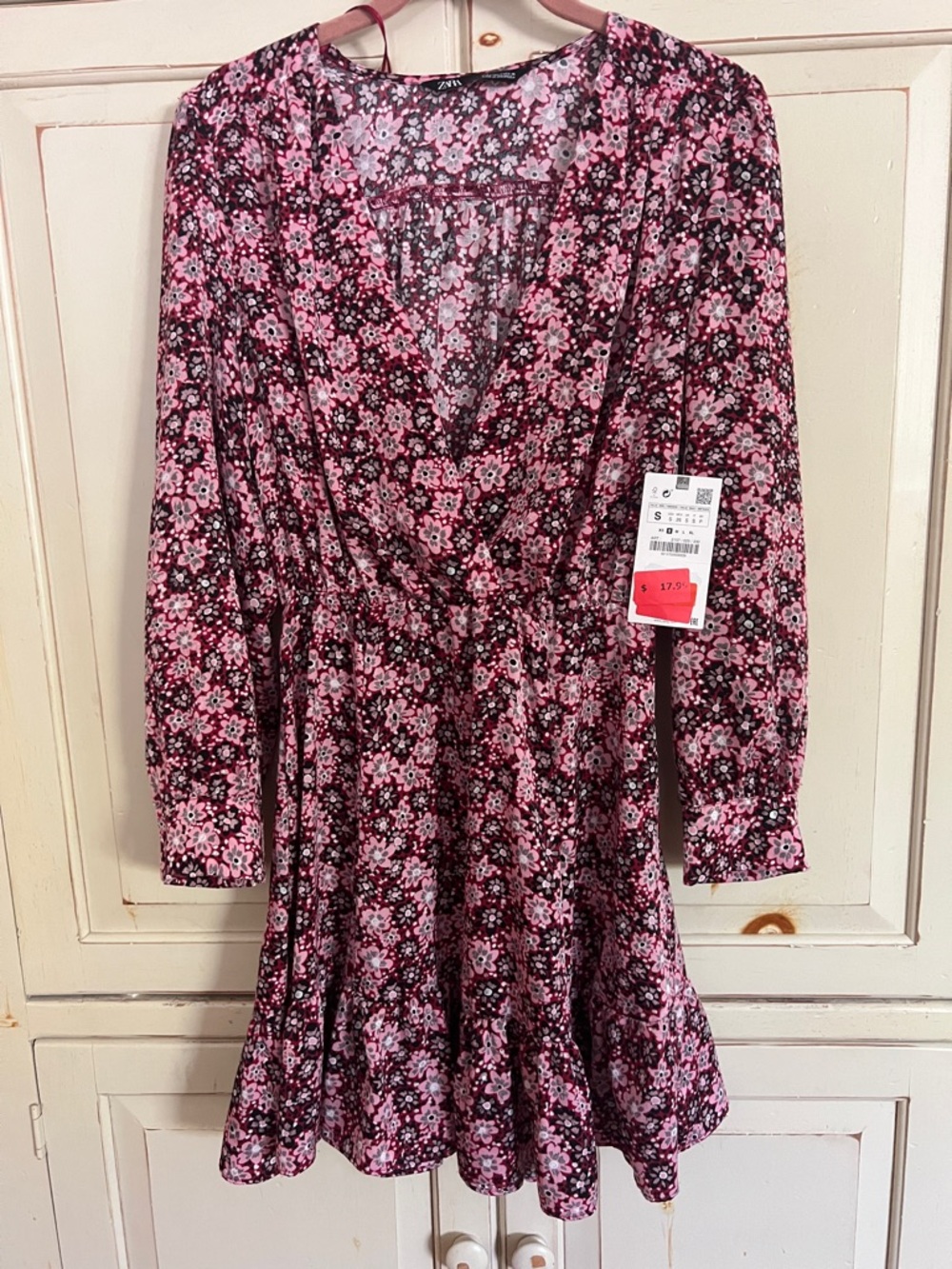 Zara Pink and Black Floral Wrap Long-Sleeve Dress